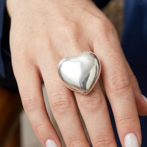 Anillo llamativo de plata 925 con forma de corazón / Anillo ajustable / Estilo minimalista hecho a mano / Estilo grueso