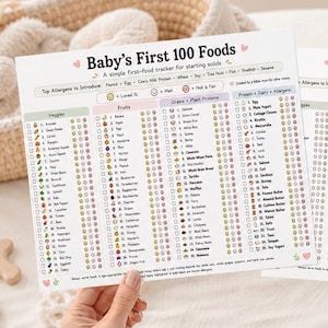 May include: Two white paper sheets titled Baby's First 100 Foods, featuring a food tracker for starting solids. One sheet is pre-filled with a list of vegetables, fruits, grains, proteins, and allergens, while the second sheet is blank for custom entries.