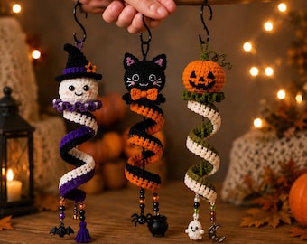 Halloween Crochet Pattern PDF, Witch Ghost Cat Pumpkin Hanging Charm, Spiral Decor (Digital Download)