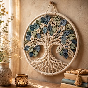 May include: A circular macrame wall hanging featuring a tree design with braided rope roots and branches. The tree is adorned with numerous crocheted leaves in shades of sage green, dark blue, and cream, interspersed with small cream-colored flowers.