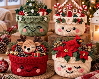 Kawaii Christmas Amigurumi Basket Pattern | 4 Holiday Toppers (PDF)