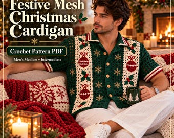 Crochet Cardigan Pattern, Christmas Mesh Shirt PDF, Men's Holiday Crochet Top, Ornament Holly Snowflake, Intermediate Pattern