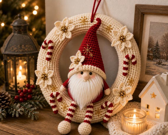 Crochet Gnome Wreath Pattern, Christmas Amigurumi Door Decor (PDF Download)