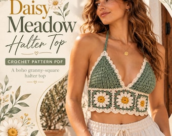 Daisy Meadow Crochet Halter Top Pattern, Boho Granny Square Crop Top (PDF)