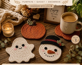 Crochet Coaster Pattern PDF | Pumpkin, Ghost, Snowman Set (Digital Download)
