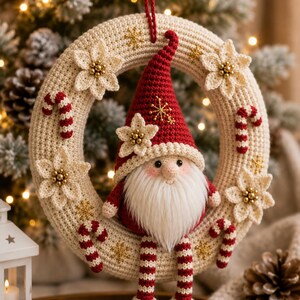May include: A crocheted Christmas wreath in cream yarn, decorated with small red and white candy canes, cream-colored flowers with gold centers, and gold star accents. A gnome with a red hat and long white beard sits in the center.