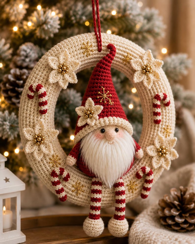 May include: A crocheted Christmas wreath in cream yarn, decorated with small red and white candy canes, cream-colored flowers with gold centers, and gold star accents. A gnome with a red hat and long white beard sits in the center.