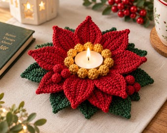 Haakpatroon voor een theelichthouder in de vorm van een poinsettia, kerstdecoratie (PDF)
