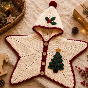 May include: A cream-colored star-shaped hooded garment featuring a dark red crocheted trim, a hood topped with a red pom-pom, and four wooden buttons down the center. It is decorated with a green holly leaf appliqué and a green Christmas tree.