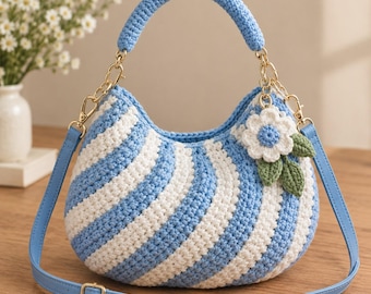 Crochet Hobo Bag Pattern, Diagonal Stripes, Pearl Handle, Flower Charm (PDF)