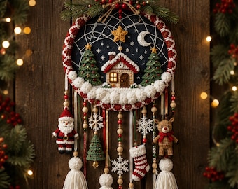 Crochet Christmas Dreamcatcher Pattern, Snowy House Wall Hanging Tutorial (PDF Download)
