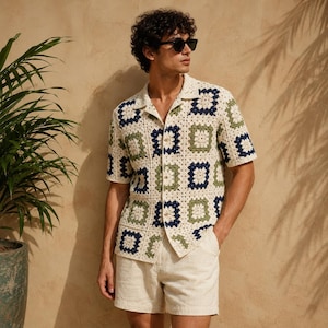 Modèle de chemise au crochet pour homme, style grand-mère | Haut bohème à col cubain (Téléchargement numérique)
