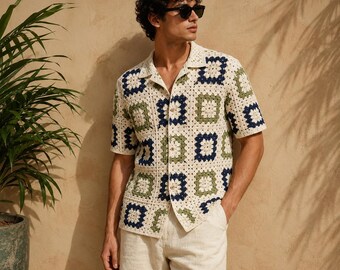 Men's Granny Square Crochet Shirt Pattern | Boho Camp Collar Top (Digital Download)