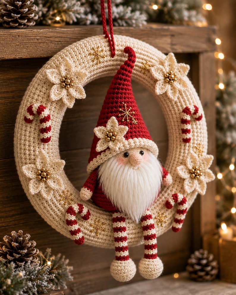 May include: A crocheted cream-colored wreath adorned with small red and white candy canes, cream-colored flowers with gold centers, and gold snowflake embroidery. A crocheted gnome with a red hat and striped legs sits on the wreath.