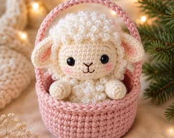Crochet Lamb in Basket Pattern, Amigurumi Sheep Tutorial, Nursery Decor (PDF Download)