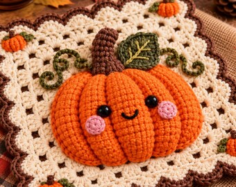 Crochet Pumpkin Mat Pattern (PDF) | Shell Stitch, Smiling Pumpkin, Fall Decor