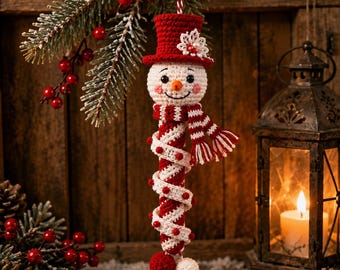 Snowman Crochet Pattern, Candy Cane Ornament PDF, Christmas Amigurumi Tutorial, Instant Download Crochet Decor