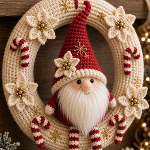 May include: A circular crochet wreath in cream yarn, decorated with white crocheted poinsettias featuring gold centers, red and white striped candy canes, and gold star accents. A crochet gnome with a red hat and white beard sits in the center.