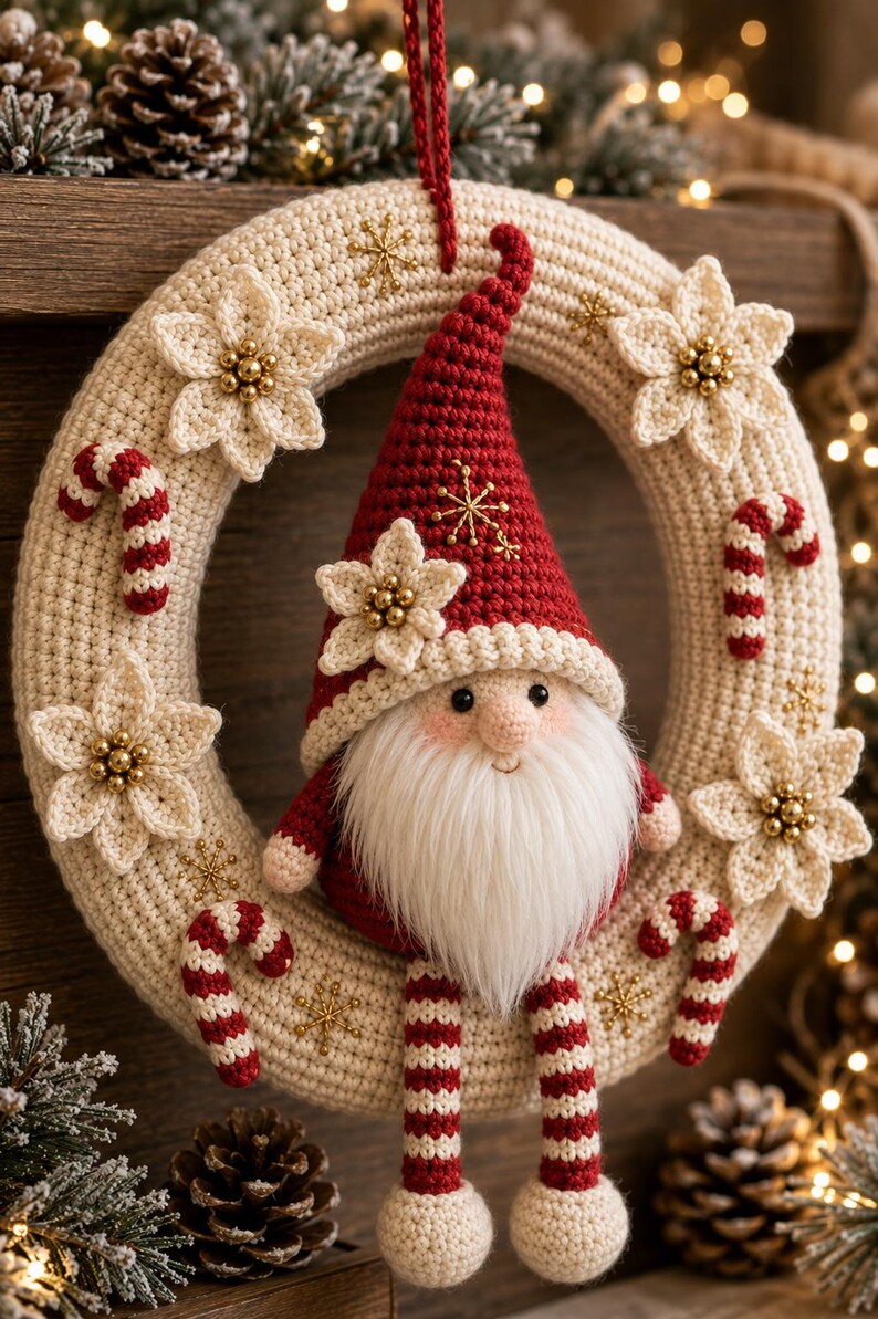 May include: A circular crochet wreath in cream yarn, decorated with white crocheted poinsettias featuring gold centers, red and white striped candy canes, and gold star accents. A crochet gnome with a red hat and white beard sits in the center.