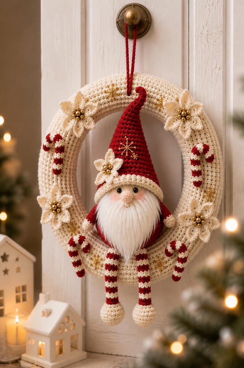 May include: A cream-colored crocheted wreath decorated with small white flowers featuring gold centers, red and white striped candy canes, and gold star accents. A gnome with a red hat and long white beard sits in the center of the wreath.