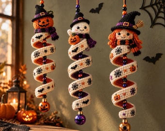Halloween Crochet Ornament Trio Pattern, Spiral Amigurumi, Witch, Ghost, Pumpkin (PDF)