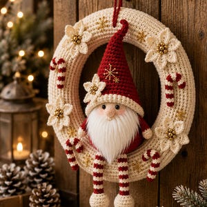 May include: A crocheted cream-colored wreath decorated with small white flowers featuring gold centers, red and white striped candy canes, and gold snowflake accents. A gnome with a red hat and long white beard sits in the center of the wreath.