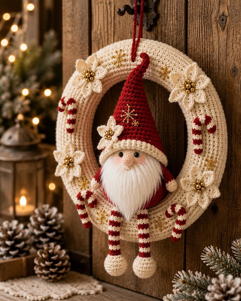 May include: A crocheted cream-colored wreath decorated with small white flowers featuring gold centers, red and white striped candy canes, and gold snowflake accents. A gnome with a red hat and long white beard sits in the center of the wreath.