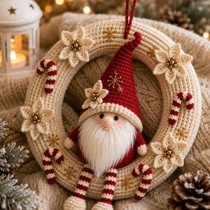 May include: A crocheted beige wreath featuring a central gnome with a red hat, white beard, and striped legs. The wreath is decorated with cream-colored crocheted flowers with gold centers, red and white candy canes, and gold embroidered snowflakes.
