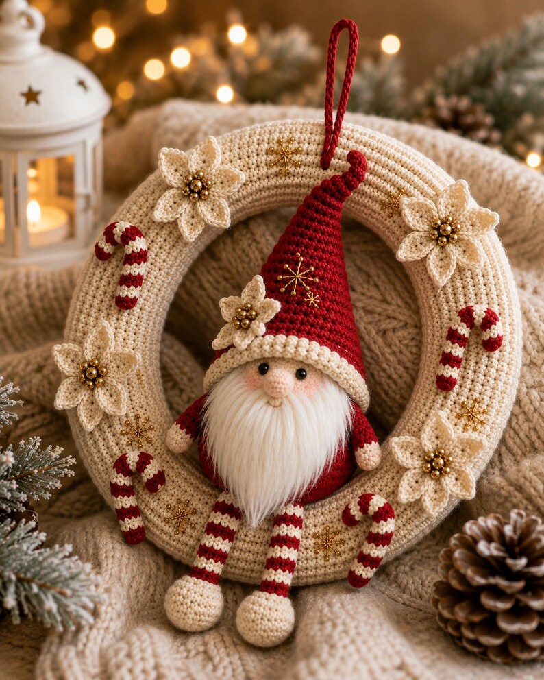 May include: A crocheted beige wreath featuring a central gnome with a red hat, white beard, and striped legs. The wreath is decorated with cream-colored crocheted flowers with gold centers, red and white candy canes, and gold embroidered snowflakes.