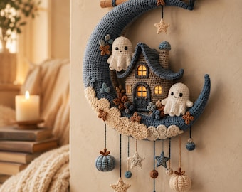Crescent Moon Ghost Cottage Crochet Pattern | Amigurumi Wall Hanging Tutorial (PDF)