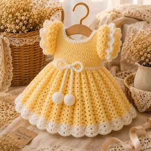 May include: A yellow crochet dress featuring short ruffled sleeves with white trim, a round neckline, and a white waist tie adorned with two white pom-poms. The skirt has a textured pattern and a scalloped white hem. A tag reads Handmade with love.
