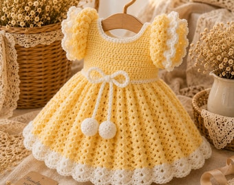 Crochet Toddler Dress Pattern: Puff Sleeve, Bow, Pom Pom (PDF Download)