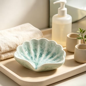 Portasapone in ceramica a forma di conchiglia, realizzato a mano, con smalto cristallino e sistema di drenaggio automatico, ideale come complemento d'arredo per il bagno.