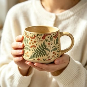Könnte beinhalten: Ein Keramikbecher mit gesprenkelter cremefarbener Basis und einem botanischen Muster aus grünen Farnblättern und kleinen orangefarbenen Blüten. Der Becher hat einen abgerundeten Körper, eine weite Öffnung und einen geschwungenen Henkel.