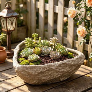 May include: A heart-shaped planter with a textured, stone-like beige finish containing a variety of green and light green succulents, dark brown lava rocks, and patches of bright green moss arranged within the basin of the container.