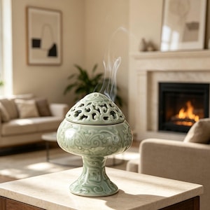 Incensário de cerâmica celadon, com pedestal oco esculpido para incenso em espiral, ideal para meditação e decoração de casa.
