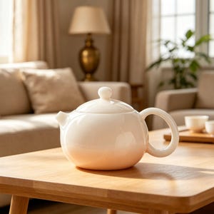 May include: A smooth, cream-colored ceramic teapot with a rounded body, a curved handle, a short spout, and a matching lid with a small knob handle. The teapot has a glossy finish and sits on a wooden surface, reflecting soft light on its surface.