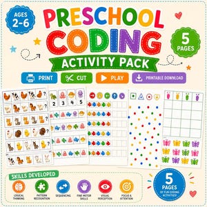 Puede incluir: Un paquete de actividades de programación preescolar para edades de 2 a 6 años con 5 páginas de hojas de trabajo educativas imprimibles. El diseño incluye texto colorido, iconos para imprimir, cortar y jugar, y varios rompecabezas lógicos.
