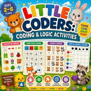 Pode incluir: Uma caixa de jogo educativo Little Coders: Coding & Logic Activities com um urso castanho e um coelho cinzento. A capa apresenta texto colorido, grelhas de atividades para setas, direções, contagem e ordenação, além de ícones de competências.