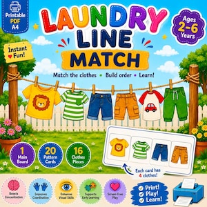May include: A printable educational game titled Laundry Line Match for ages 2-6 years. The game features a clothesline with a yellow lion t-shirt, green striped shirt, blue shorts, orange shorts, a car t-shirt, and green pants on a lawn.