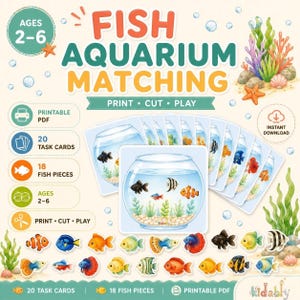 Può includere: Un gioco di abbinamento acquario stampabile per bambini dai 2 ai 6 anni, con 20 schede attività raffiguranti bocce per pesci e 18 pesci singoli. Il set include illustrazioni colorate di varie specie di pesci, piante acquatiche e bolle.