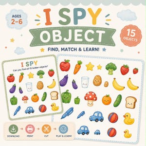 以下が含まれることがあります： 2歳から6歳向けのI Spy Objectアクティビティシート。食べ物、おもちゃ、乗り物の15種類のカラフルなイラストが描かれています。ページには「I SPY OBJECT FIND, MATCH & LEARN」というテキストと、ダウンロード、印刷、切り取り、遊び方の手順が記載されています。