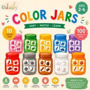 May include: A set of 10 color-coded jars featuring the text COLOR JARS SORT MATCH LEARN. Each jar displays four small images of objects matching its color, including items like a red chili, green leaf, yellow duck, and blue car.
