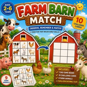 May include: A Farm Barn Match board game box featuring a red barn, a grid for matching, and illustrations of a cow, horse, pig, donkey, goat, chicken, and duck. The text reads Farm Barn Match, Observe, Remember & Match, and includes 10 challenge cards.