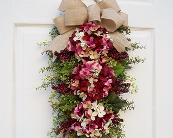 Hydrangea Wreath Swag~Strawberry Shortcake~Door Swag~Winter, Spring,Summer, Fall~Floral Swag~Holiday Decorating~Timeless Floral Creations