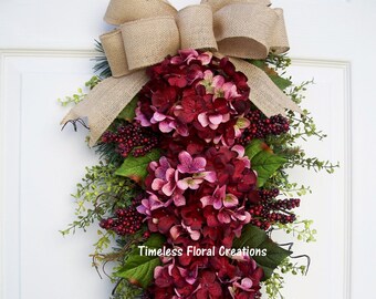 Fall~Hydrangea Wreath Swag~ Valentine~Cherry Kisses~Door Swag~Floral Swag~holiday Decorating~Timeless Floral Creations