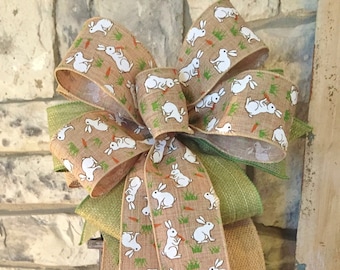 Burlap~Easter~Green accent, 3 Ribbon Bow, Wired Edge Ribbon, Wreath Bow, for Swag, Garland, Lantern~Timeless Floral Creations