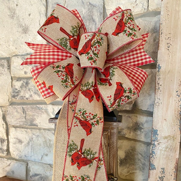 Cardinal, Country Check & Burlap, 3 Ribbon Bow, Wired Edge Ribbon, Wreath Bow, for Swag, Garland, Lantern~Timeless Floral Creations