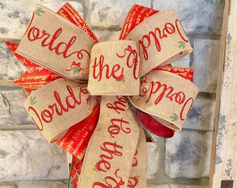 Joy to the World with Scripture  and greenry Ribbon, 3 Ribbon Bow, Wired Edge ,Wreath Bow, for Swag, Lantern ~Timeless Floral Boutique