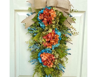 Green & Rust Hydrangea Door Swag| Rustic Farmhouse Decor | Burlap Bow | Timeless Floral